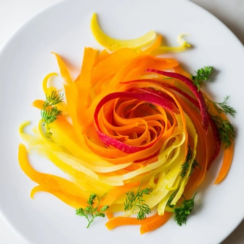 Thinly shaved vegetables create a vibrant "Spinning Top" salad, a light and refreshing appetizer.