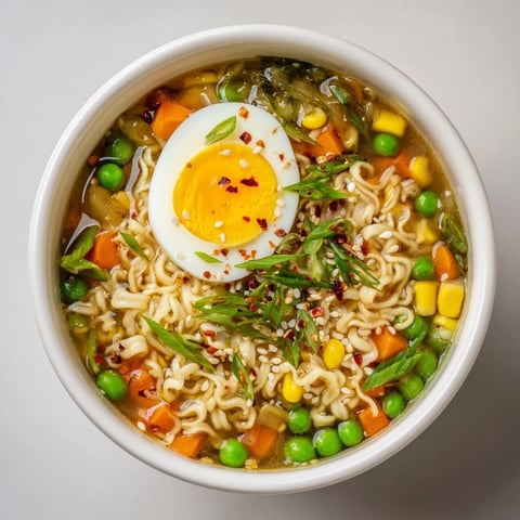 Steaming bowl of Ramen Upgrade with Frozen Peas, garnished with green onions and a perfectly poached egg.