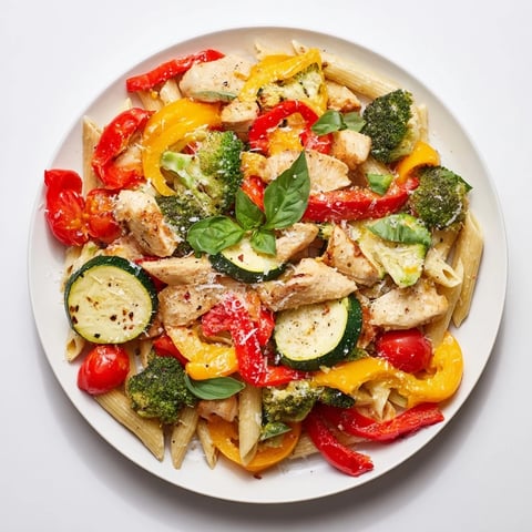 A colorful bowl of 5-4-3-2-1 Pasta Primavera, garnished with fresh basil and Parmesan cheese.