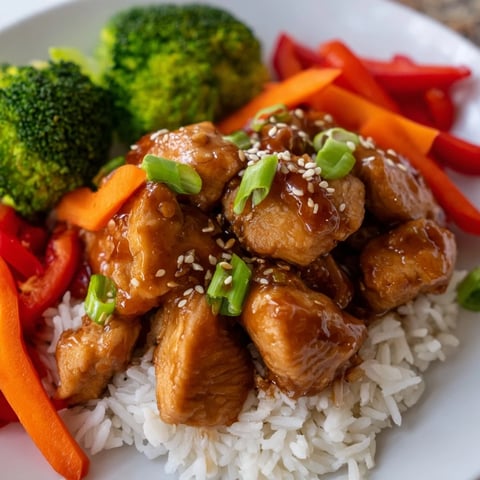 Golden-brown teriyaki chicken glistening atop fluffy rice, ready for a satisfying, Japanese-inspired meal.