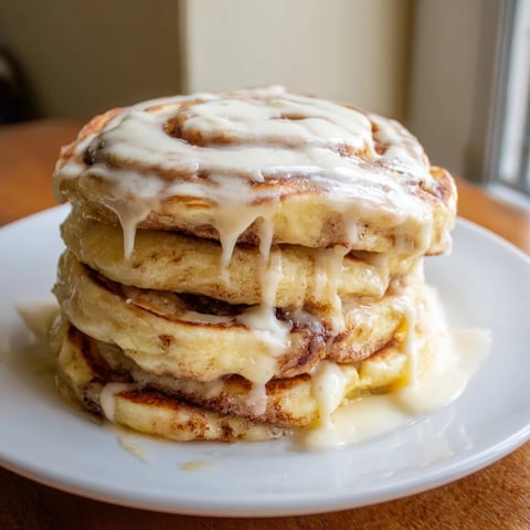 Golden, fluffy Cinnamon Roll Pancakes drizzled with sweet cream cheese glaze, perfect for a special breakfast.