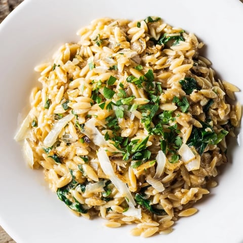 Steaming bowl of one-pot creamy orzo pasta, topped with fresh parsley and Parmesan cheese.
