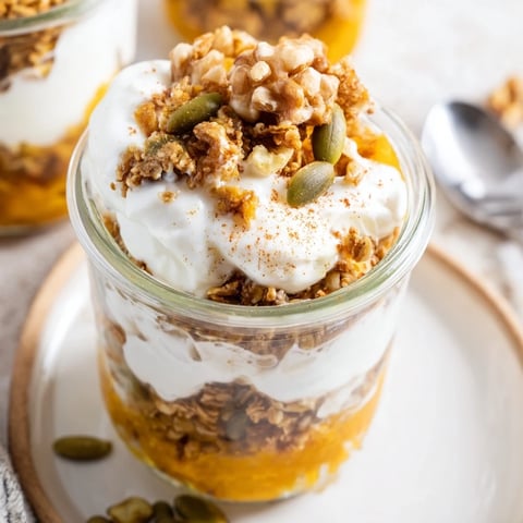 Creamy pumpkin yogurt parfait layered beautifully with granola and ready for a delicious bite.