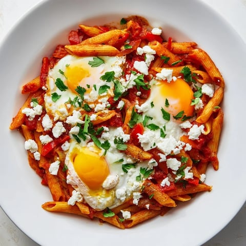 Quick Shakshuka Pasta with runny egg yolks and vibrant tomato sauce, perfect for dinner.