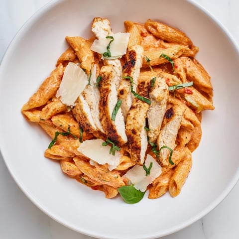 Creamy Tomato Basil Chicken Pasta with fresh basil and parmesan, ready to be enjoyed.