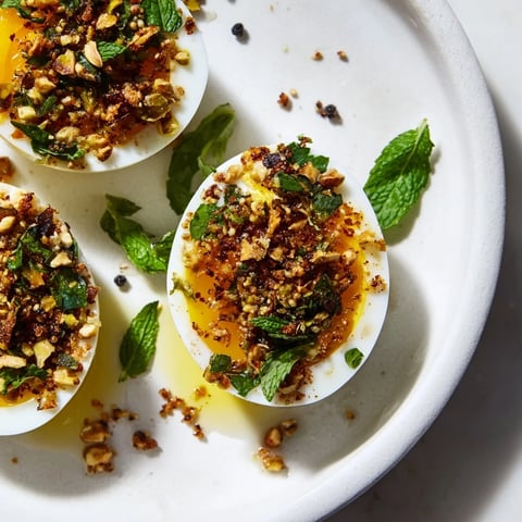 Golden-yolked Dukkah-Spiced Eggs, vibrant with fresh herbs and a delicious, crunchy dukkah topping.