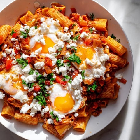 Shakshuka Baked Pasta bubbling hot, with runny egg yolks and sprinkled herbs for serving.