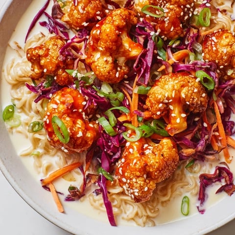 A steaming bowl of Chaos Cooking Buffalo Cauliflower Ramen with vibrant toppings and buffalo-glazed cauliflower.