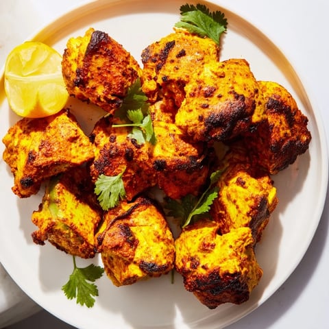 Golden, sizzling Indian Tikka Spiced Chicken, cooked until tender and ready to serve with lemon wedges.