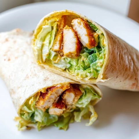 Sliced Honey Mustard Chicken Wrap on a plate, showing tender chicken, crisp lettuce, and a drizzle of tangy dressing in a soft tortilla.