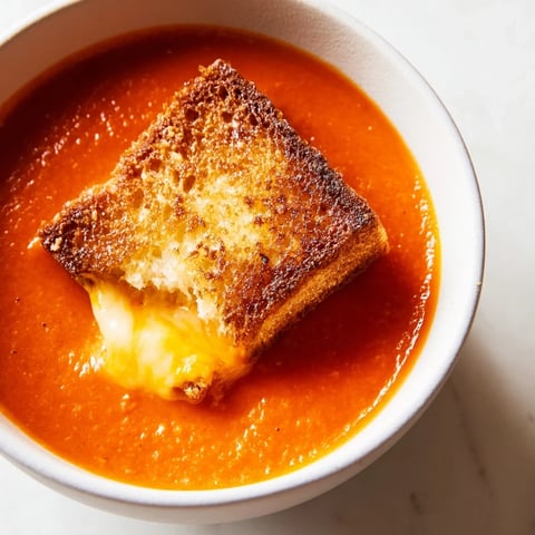 A comforting bowl of roasted tomato soup topped with golden, crispy grilled cheese croutons.