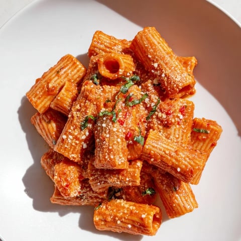 Creamy spicy rigatoni pasta in a skillet, garnished with fresh basil and grated Parmesan, served with a glass of white wine.  