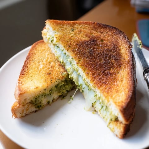 Golden-brown sourdough pesto grilled cheese slices melt with mozzarella, fontina, and cheddar on a rustic wooden board.  