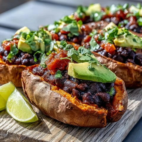 Roasted sweet potatoes topped with smoky chipotle black beans and fresh zesty tomato salsa.