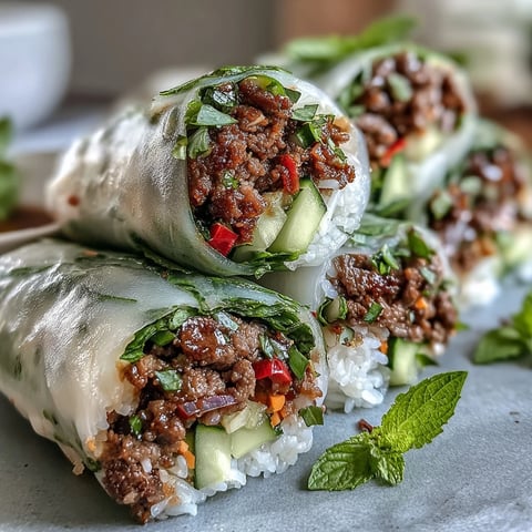 Thai Basil Beef Rolls filled with savory ground beef, crisp veggies, and fresh herbs, wrapped in soft rice paper.