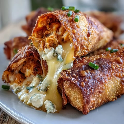 Golden brown Buffalo Chicken Dip Egg Rolls with a crispy exterior, filled with creamy, spicy chicken dip and melted cheddar cheese.