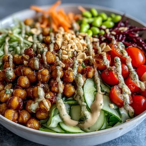 Overhead view of the Peanut Chickpea Protein Bowl with golden roasted chickpeas on brown rice.