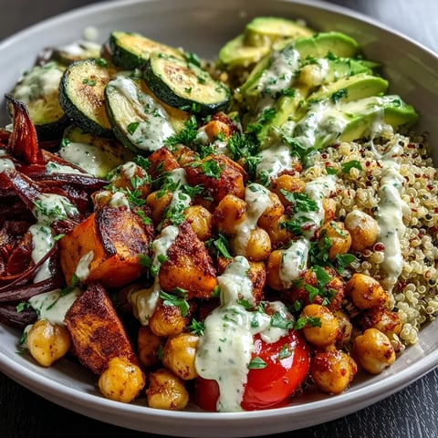 Vibrant Chickpea Power Bowl topped with roasted vegetables and avocado slices on a bed of fluffy quinoa, drizzled with creamy tahini sauce.