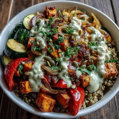 Hearty Lentil Power Bowl brimming with roasted vegetables and creamy golden tahini dressing.
