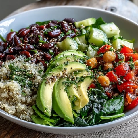 Vibrant Three-Bean Power Bowl with fresh avocado and quinoa, tossed in zesty lemon dressing for a healthy lunch.