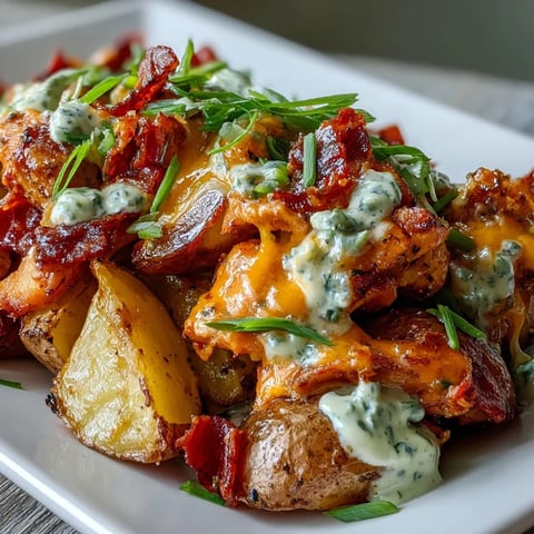 Golden brown Buffalo Ranch Chicken Potato Bake with melted cheddar cheese and fresh chives, served hot.