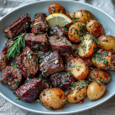 Crispy golden potatoes and seared steak bites shine in a garlic butter sauce with fresh rosemary and parsley.