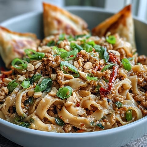 Creamy Thai-Inspired Peanut Noodle Bowls topped with chopped peanuts and cilantro, featuring vibrant red bell pepper and tender ground chicken over wide rice noodles.