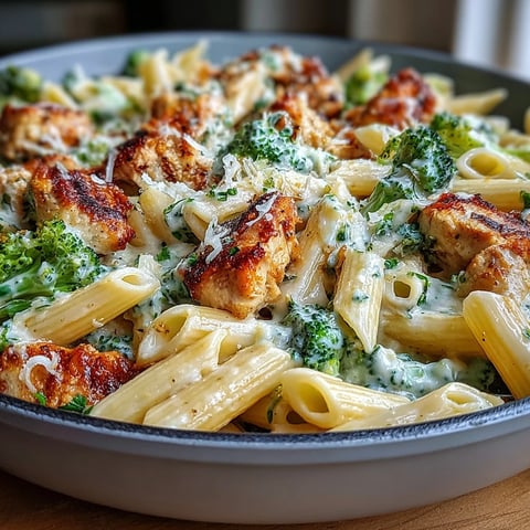 Creamy Garlic Parmesan Broccoli & Chicken Pasta in a warm skillet with fresh parsley garnish.