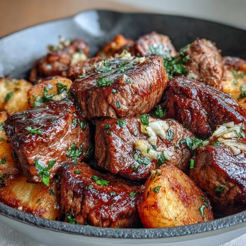 Golden seared steak bites and crispy potatoes glisten in a skillet smothered with garlic butter and herbs.