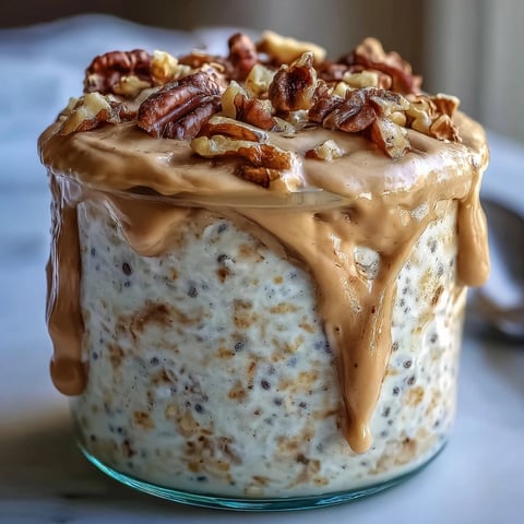 Thick overnight oats infused with cinnamon and topped with a creamy drizzle, ready to eat.