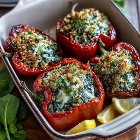 Golden-brown Vegan Spinach and Artichoke Stuffed Peppers with a toasted breadcrumb topping sit in a baking dish, ready to serve.