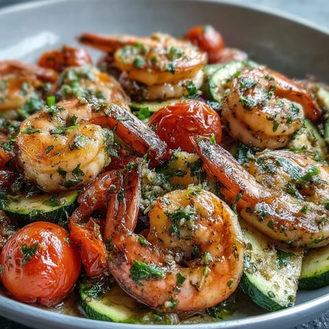 Golden-brown shrimp, tender zucchini, and blistered cherry tomatoes roasted in a lemon-butter sauce in a hot skillet.