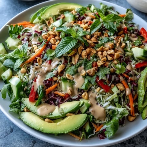 Freshly chopped Vegan Spring Roll Salad with Peanut Dressing features crunchy cabbage, carrots, and creamy avocado tossed in a zesty, vibrant sauce.