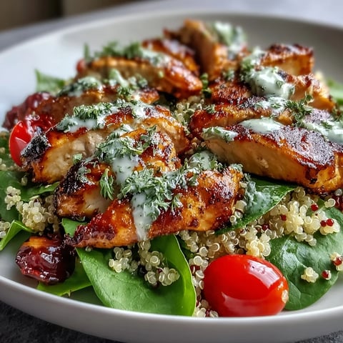 Sliced lemon herb grilled chicken over fluffy quinoa, fresh spinach, tomatoes, and cucumbers in a white bowl.