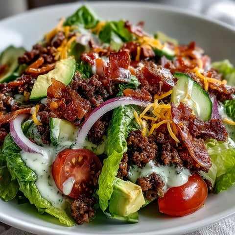 Warm Keto Bacon Cheeseburger Salad with avocado, pickles, and melted cheddar on crisp romaine lettuce.