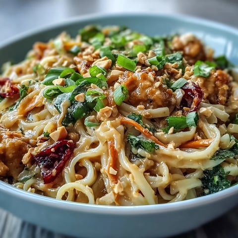 Creamy Thai-Inspired Peanut Noodle Bowls with ground chicken and crisp vegetables in a luscious peanut sauce.