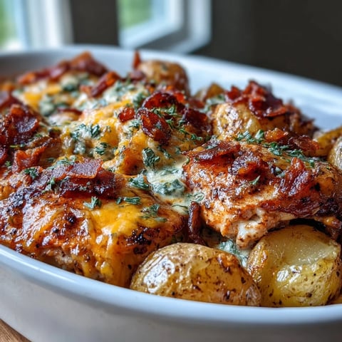 Buffalo Ranch Chicken Potato Bake with creamy ranch and zesty buffalo sauce, golden roasted chicken and tender baby potatoes in a bubbling casserole.