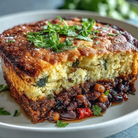 Golden cornbread-topped vegan taco pot pie with black beans and colorful vegetables, baked until crispy and golden for a hearty plant-based meal.