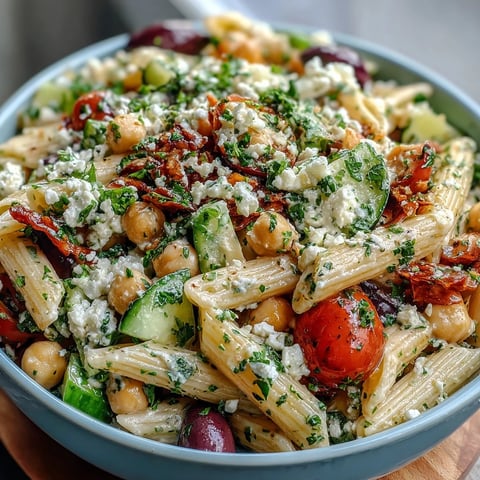 Vibrant Mediterranean chickpea pasta salad with cucumber, tomatoes, and olives, tossed in zesty lemon-herb dressing.  