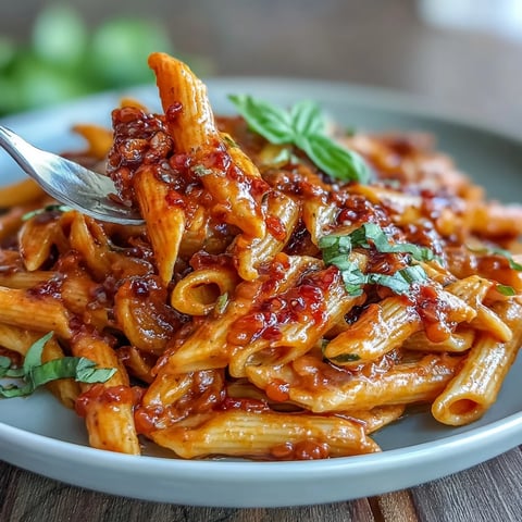 Creamy roasted red pepper pasta with lentils served in a white bowl, garnished with fresh basil and vegan parmesan.