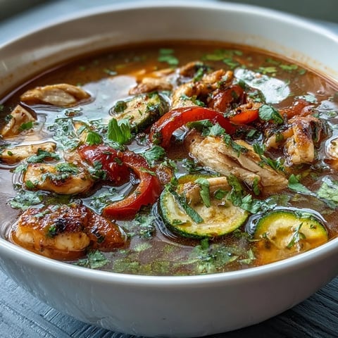 Vibrant Skinny One-Pot Chicken Fajita Soup with zucchini and peppers, bursting with tender chicken and colorful vegetables in a savory broth.  