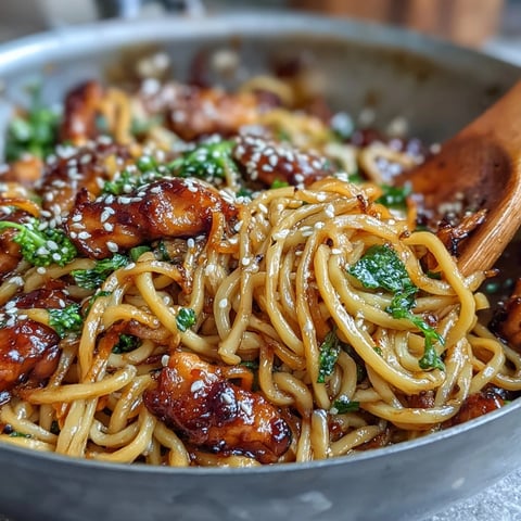 A sizzling skillet of sticky garlic chicken noodles with tender chicken, crisp broccoli, and bell peppers in a glossy honey-soy sauce.  