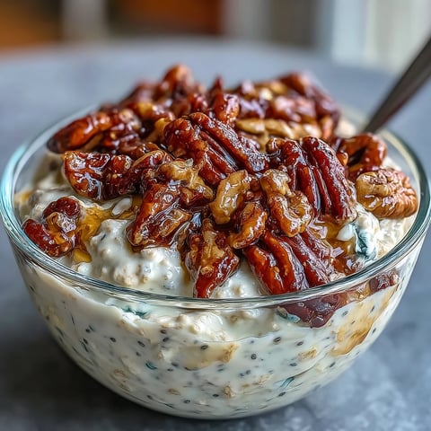 A jar of creamy overnight oats with crunchy candied pecans and a swirl of maple syrup, perfect for a quick, healthy breakfast.