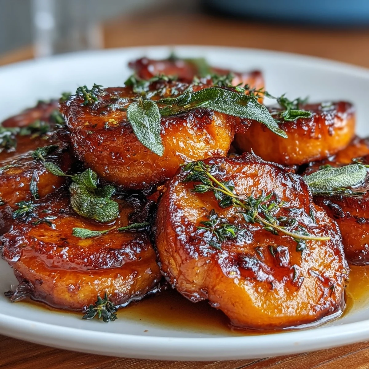 Golden candied yams with brown butter and sage, glazed and baked until tender, perfect for holiday tables.  