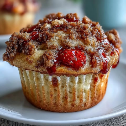Golden strawberry sourdough muffins with crumb topping, featuring juicy berries and a crunchy cinnamon streusel.