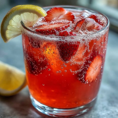 A vibrant glass of strawberry lemonade mocktail with sparkling water, garnished with fresh strawberries and lemon slices, perfect for summer refreshment.