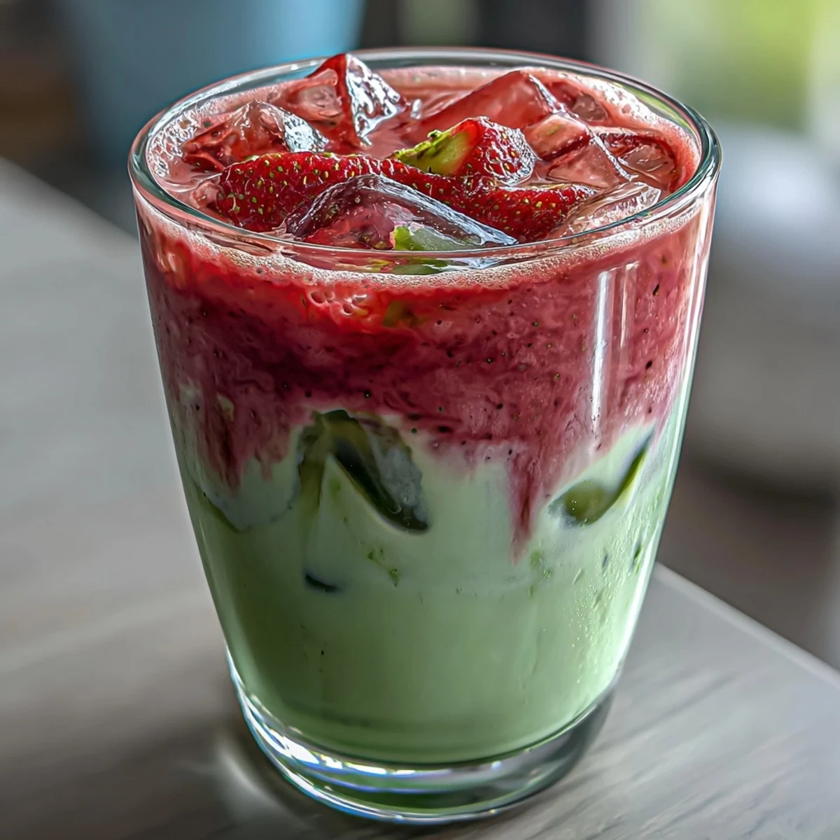 Strawberry Matcha Iced Latte with oat milk, featuring vibrant layers of sweet strawberry puree and earthy green tea, served over ice for a refreshing vegan treat.