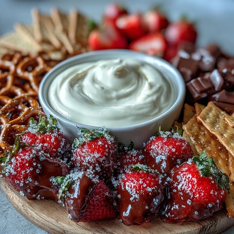A vibrant Galentines snack board with juicy strawberries, creamy yogurt dip, and a mix of sweet and savory dippers.  