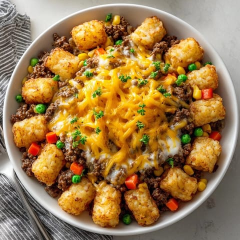 Classic Tater Tot Hotdish casserole baked golden brown with bubbly cheddar cheese and hearty beef.