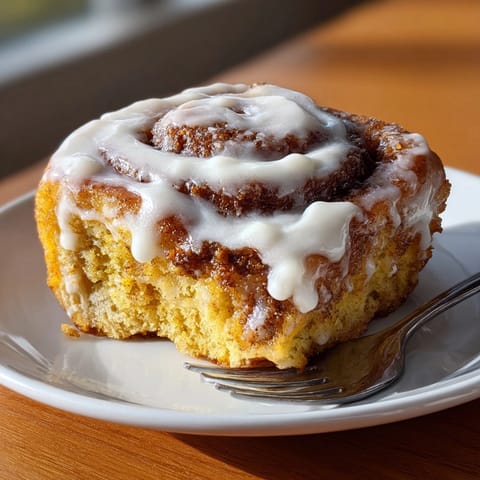 Warm The Best Pumpkin Cinnamon Roll served on a breakfast table, topped with rich cream cheese icing.